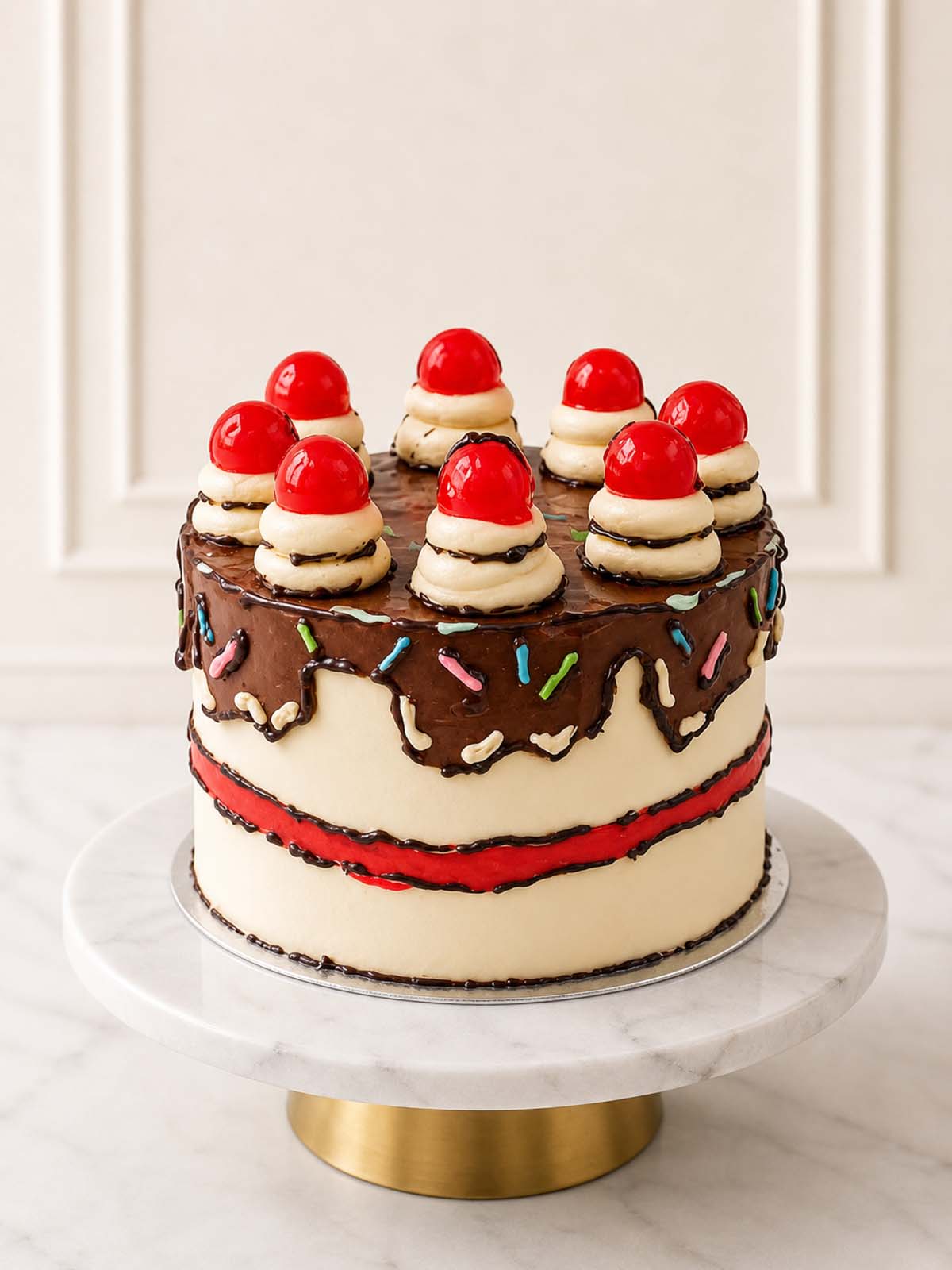 Playful pop-art style round birthday cake designed to look like a 2D illustration. Crafted entirely fondant-free with black graphic buttercream outlines, vanilla-chocolate frosting, and piped cherries. Delivered in London.