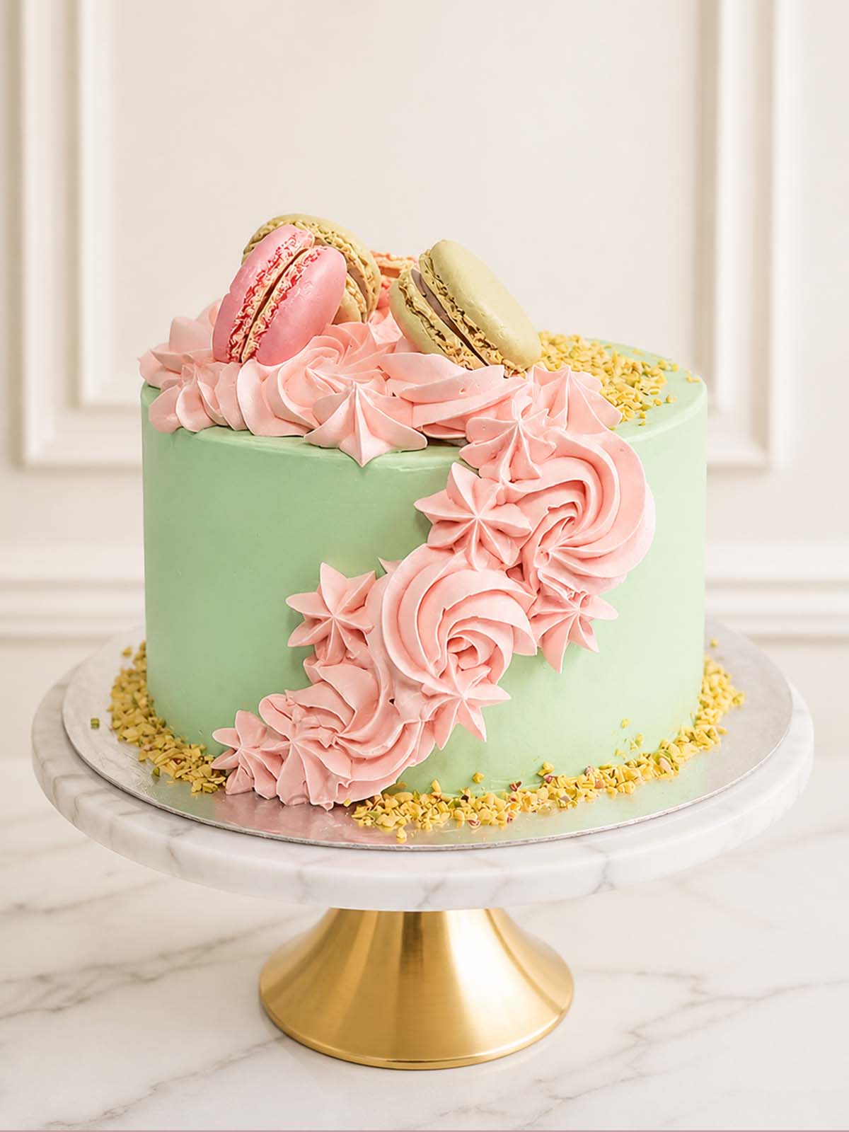 A luxury pistachio celebration cake featuring pastel green Swiss meringue buttercream, pink and green macarons, and vibrant pink buttercream swirls, delivered in London.