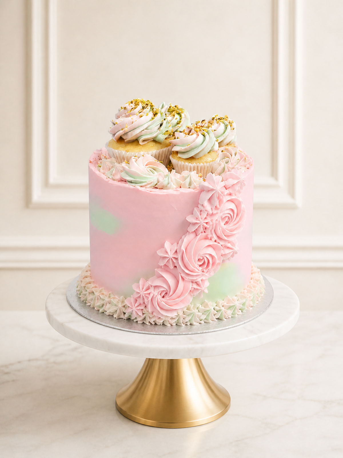A romantic rose and pistachio celebration cake featuring pink rose-infused Swiss meringue buttercream, pistachio sponge, and a crown of mini cupcakes and fresh raspberries, delivered in London.