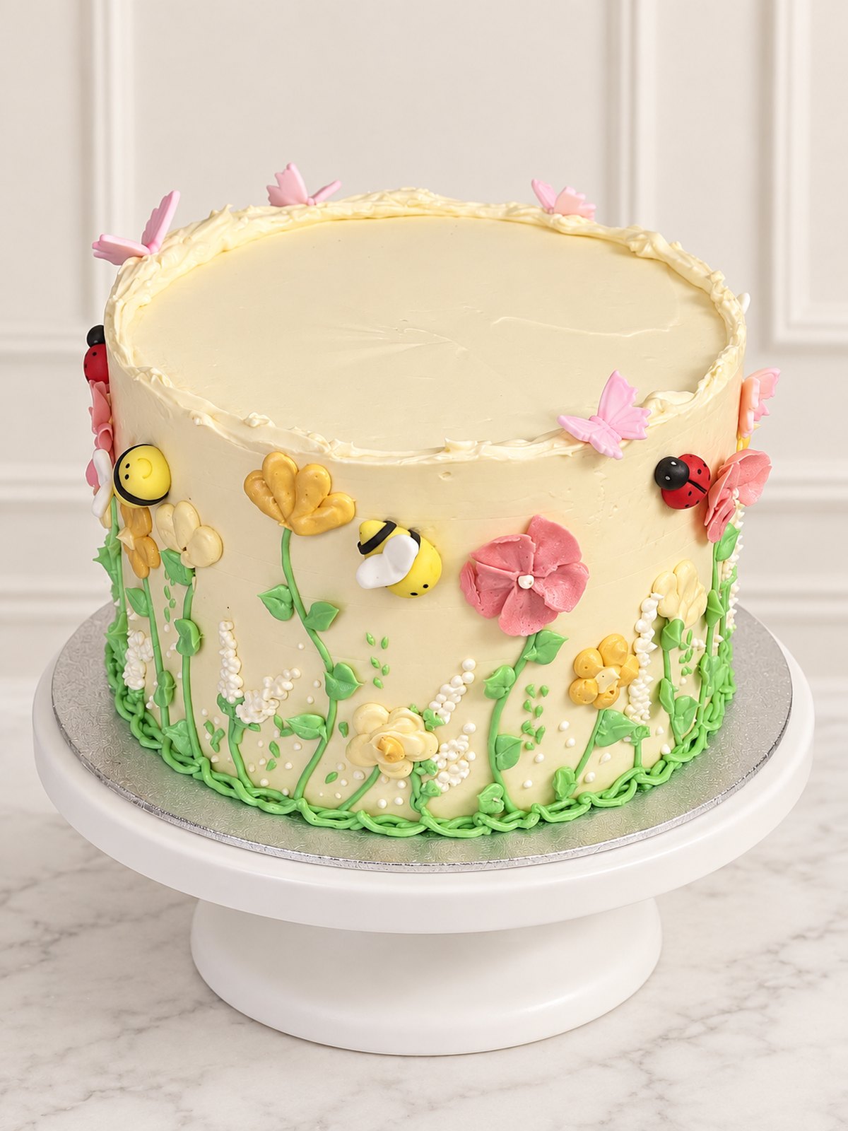 Secret Garden Cake with hand-piped flowers, butterflies, bees and ladybirds