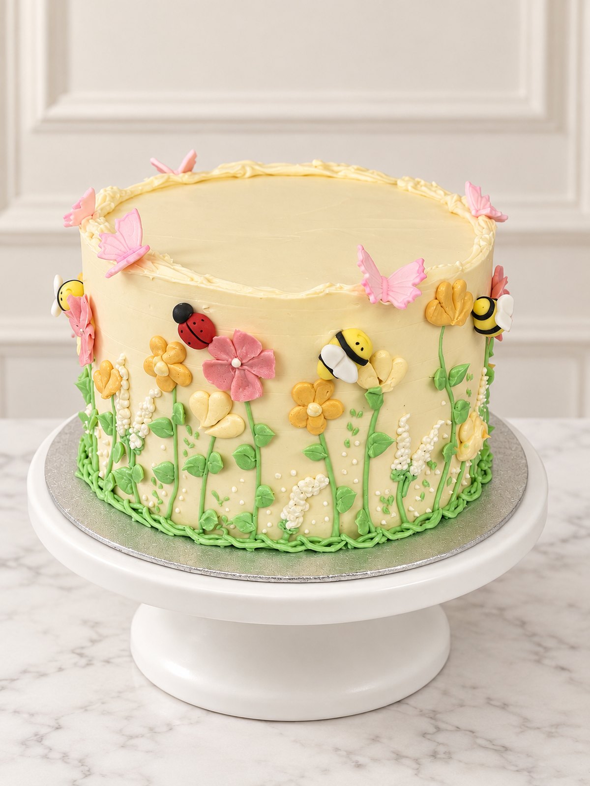 Three-quarter view of Secret Garden Cake with pastel flowers, butterflies and garden insects