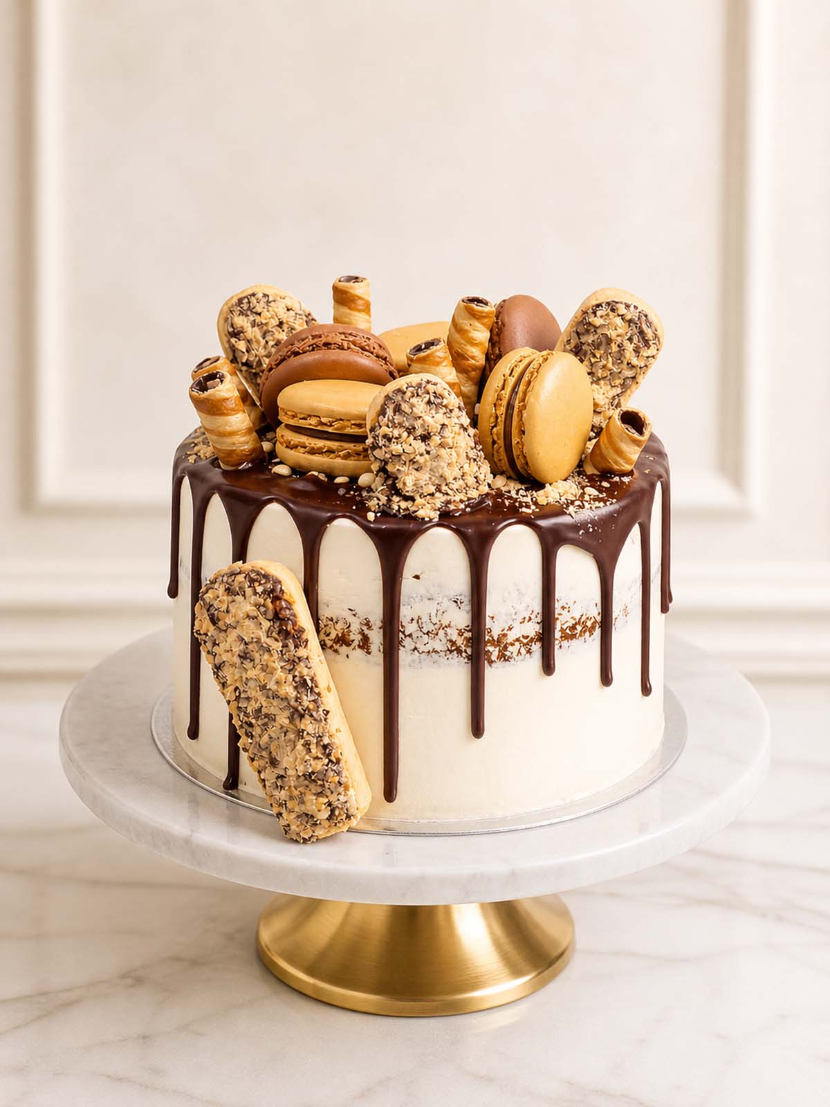 Semi-naked coffee cake with chocolate macarons and Savoiardi, London & Surrey.