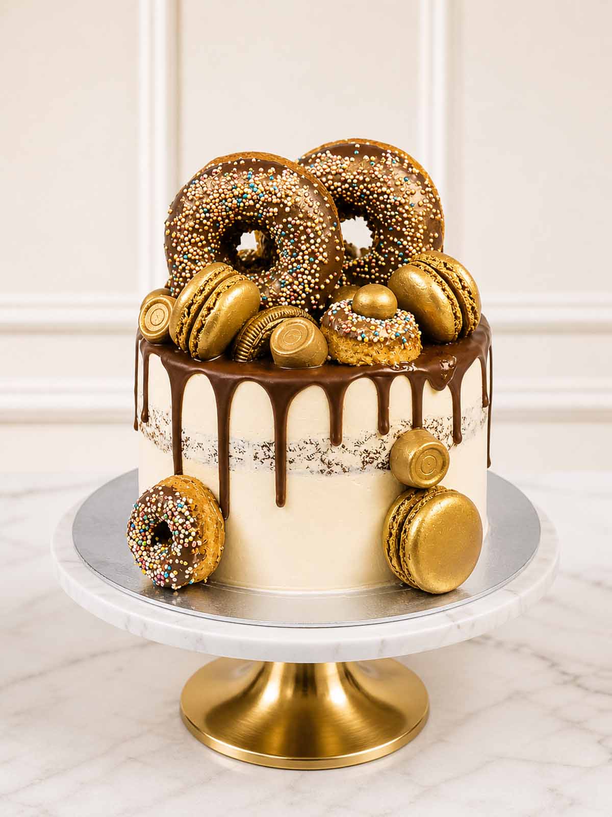 Semi-naked salted caramel chocolate cake with doughnuts, London & Surrey.