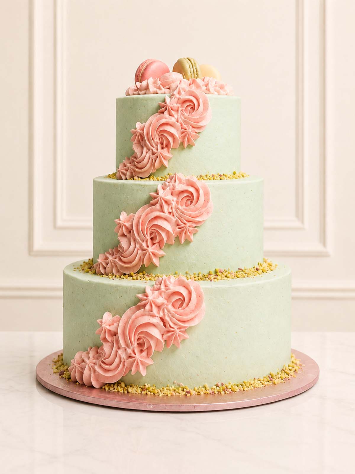 Pistachio Wedding Cake with Rosettes delivered in London and Surrey