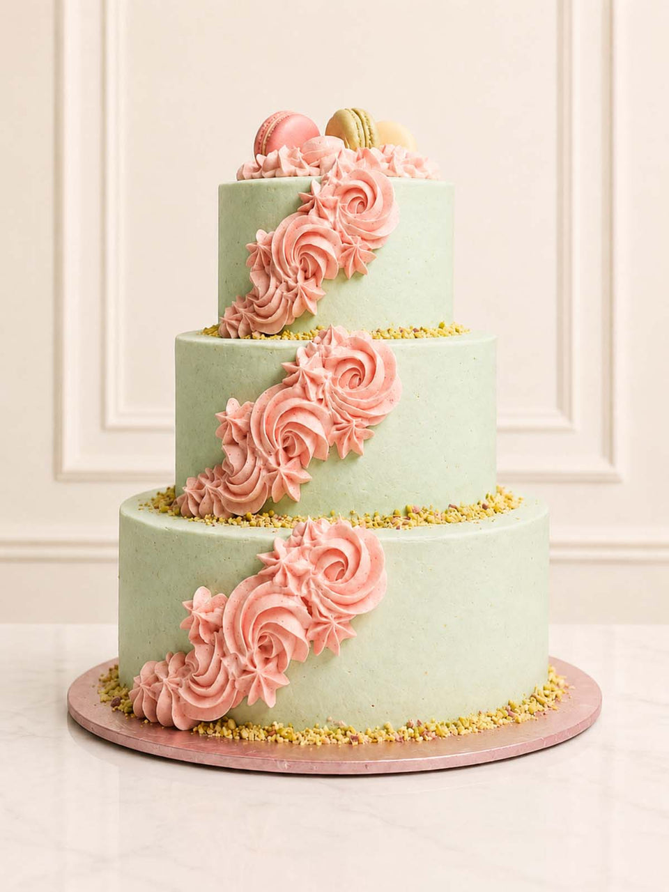 Pistachio Wedding Cake with Rosettes delivered in London and Surrey 