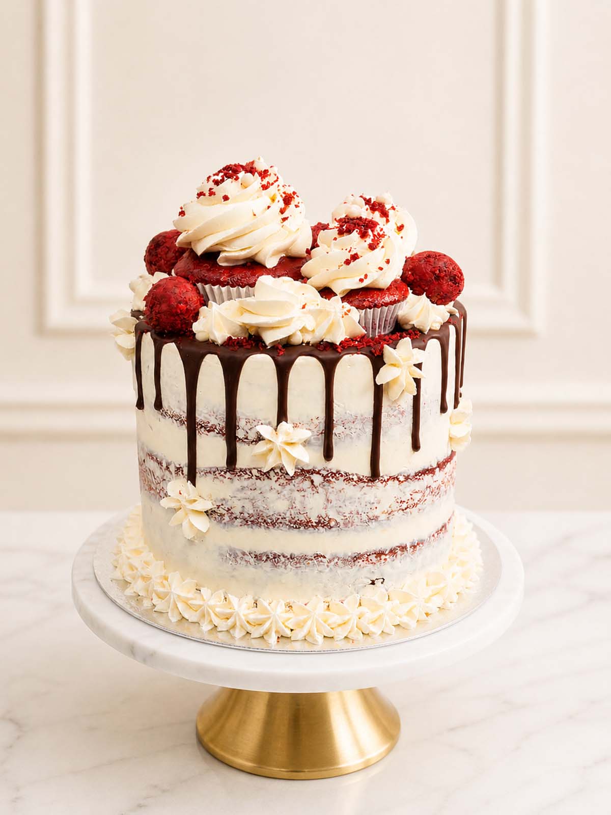 A signature red velvet celebration cake featuring cocoa-rich sponge, a Belgian chocolate ganache glaze, and a crown of mini cupcakes, brownie truffles, and buttercream blooms, delivered in London.