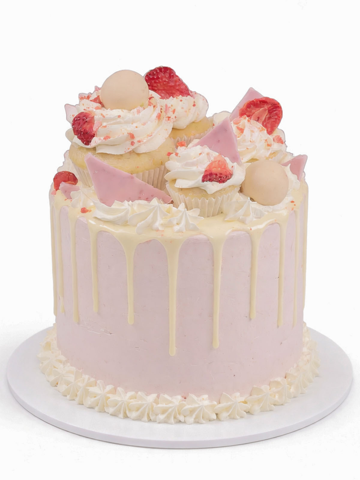 Strawberries and cream birthday cake showing strawberry decoration, delivered in London