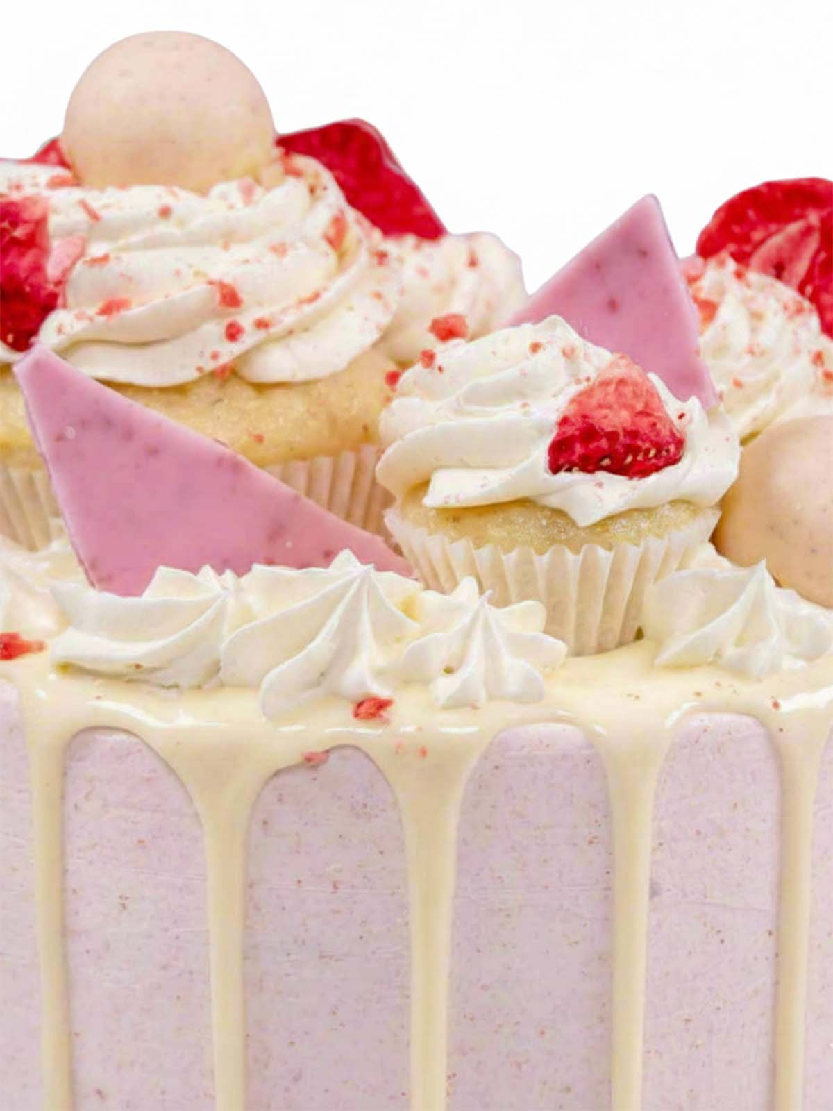 Strawberries and cream birthday cake close up showing decorations in detail, delivered in London