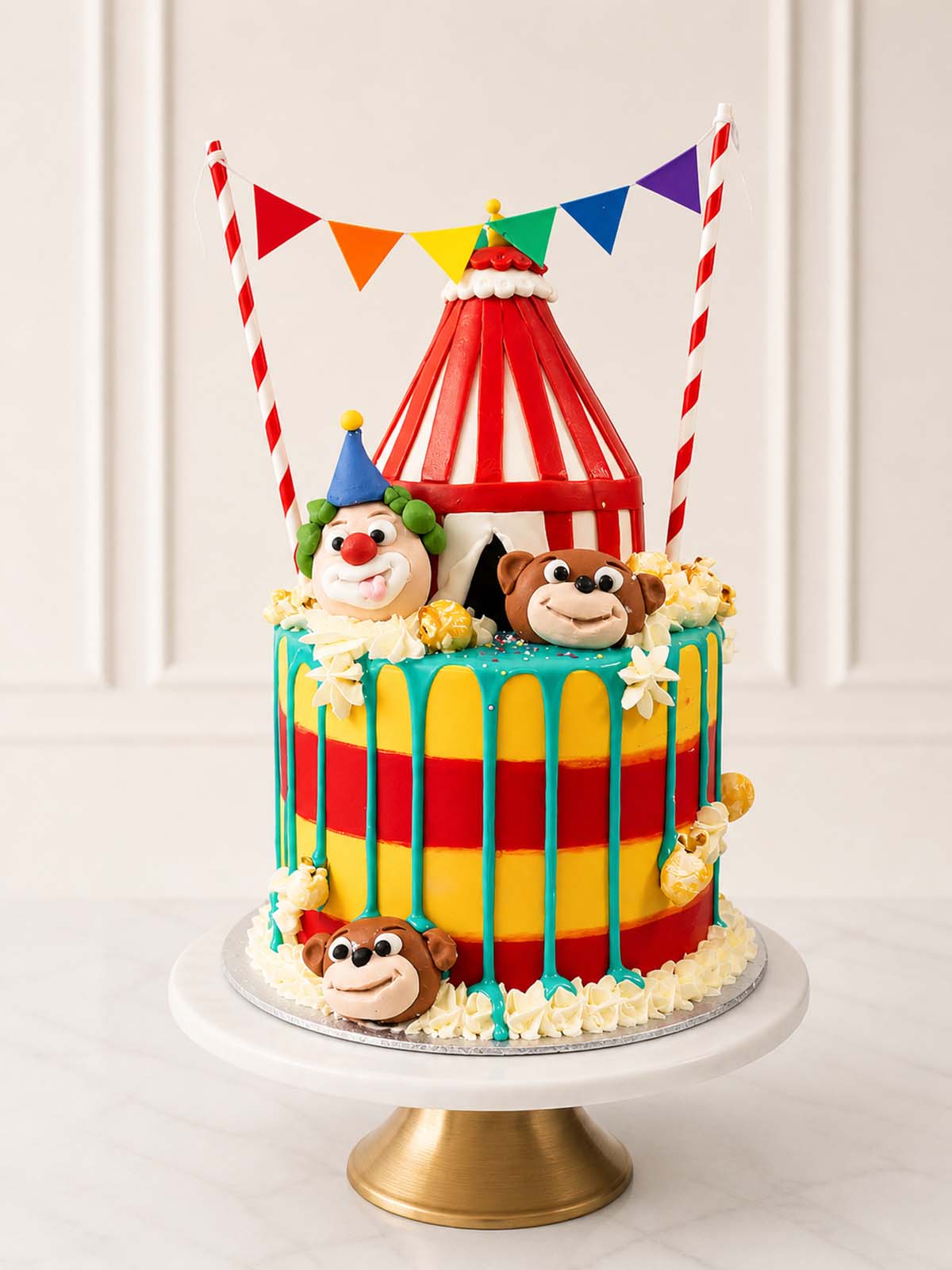 Vibrant carnival-themed children's birthday cake featuring red and yellow striped buttercream, a dramatic blue chocolate drip, and hand-modelled fondant clown and circus tent monkey toppers. Delivered across Surrey.
