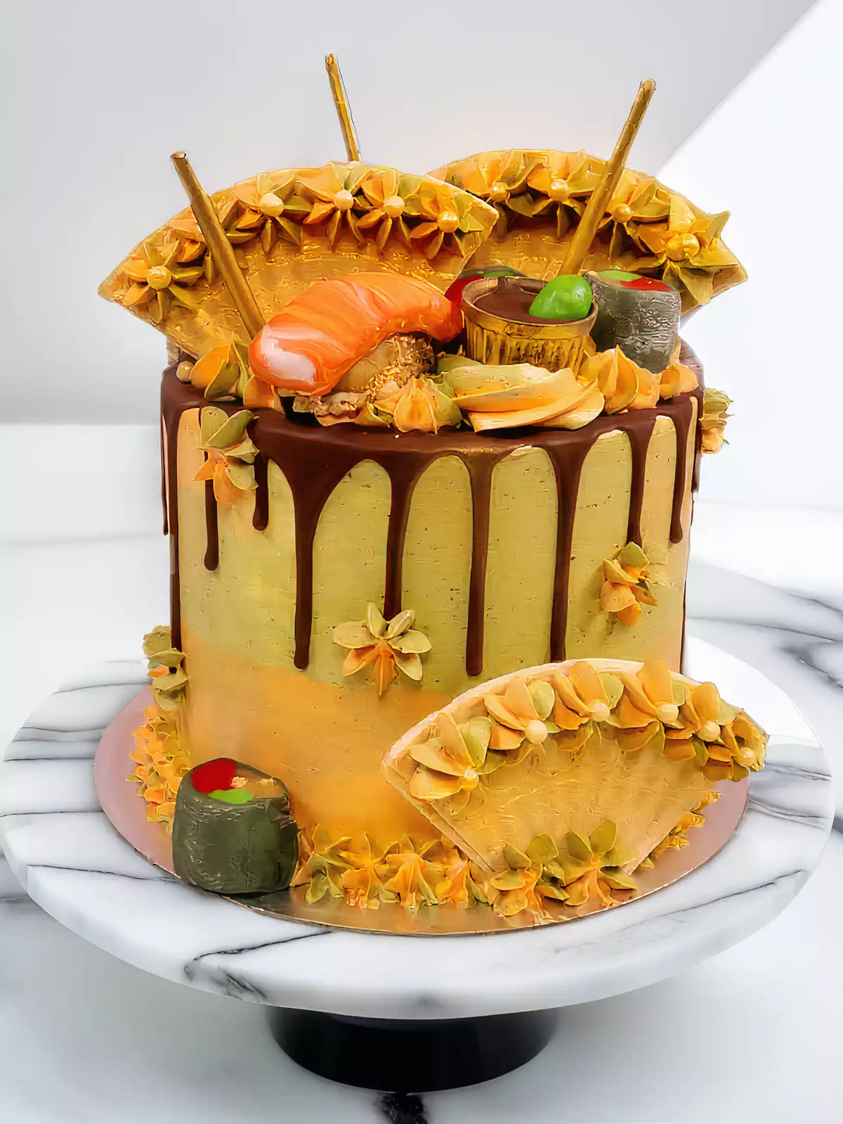 Sushi birthday cake with handmade nigiri, maki, wafer fans and chocolate sauce pots.