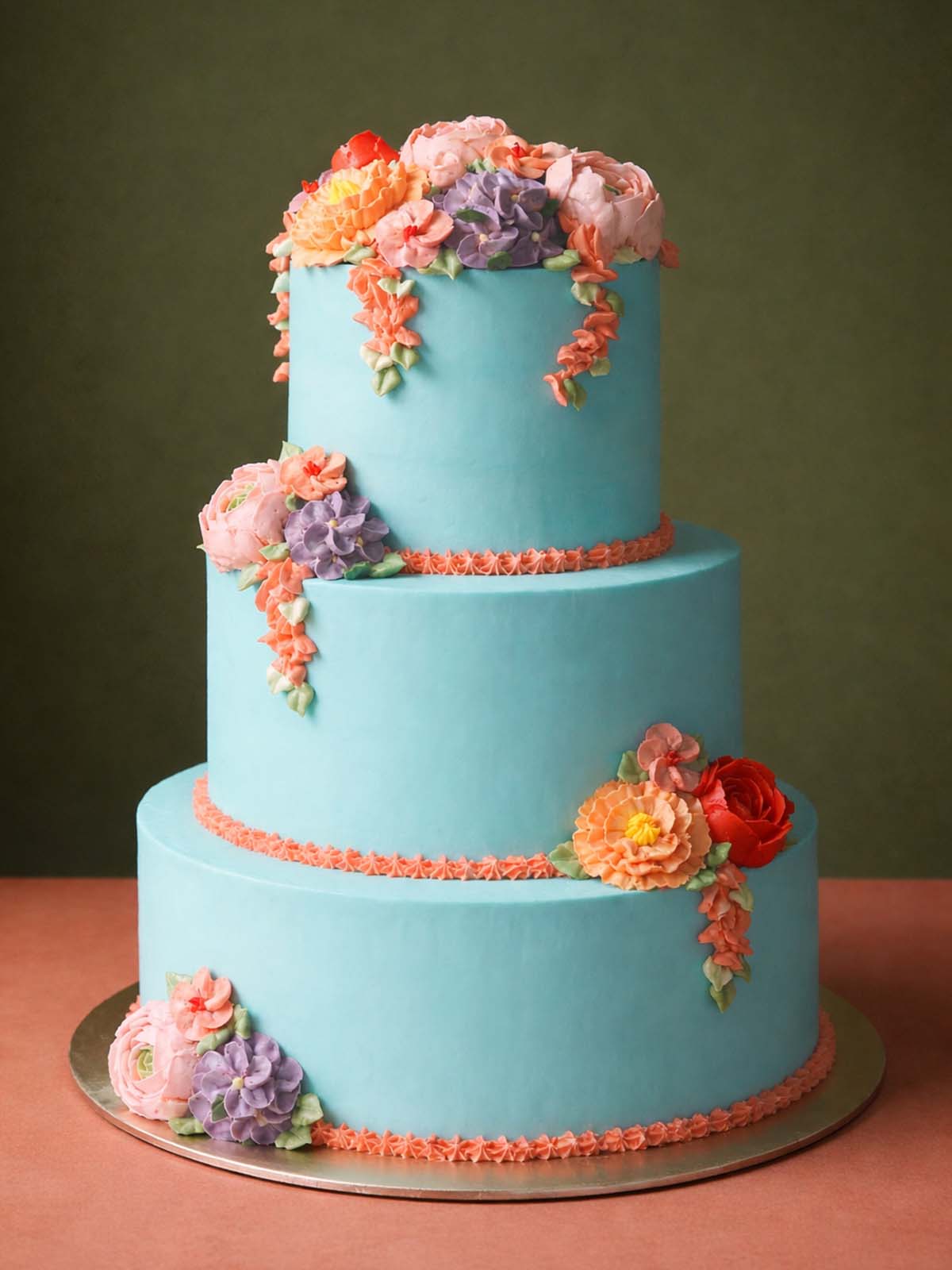 Full height view of a three-tier vanilla sponge wedding cake featuring hand-piped chrysanthemums, begonias, and hydrangeas.