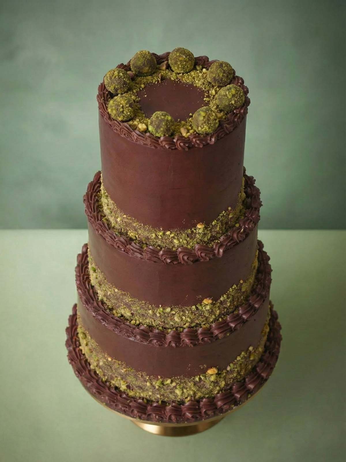 Elegant three-tier pistachio and chocolate wedding cake with a professional crumb finish, handcrafted by a specialty bakery serving Surrey.