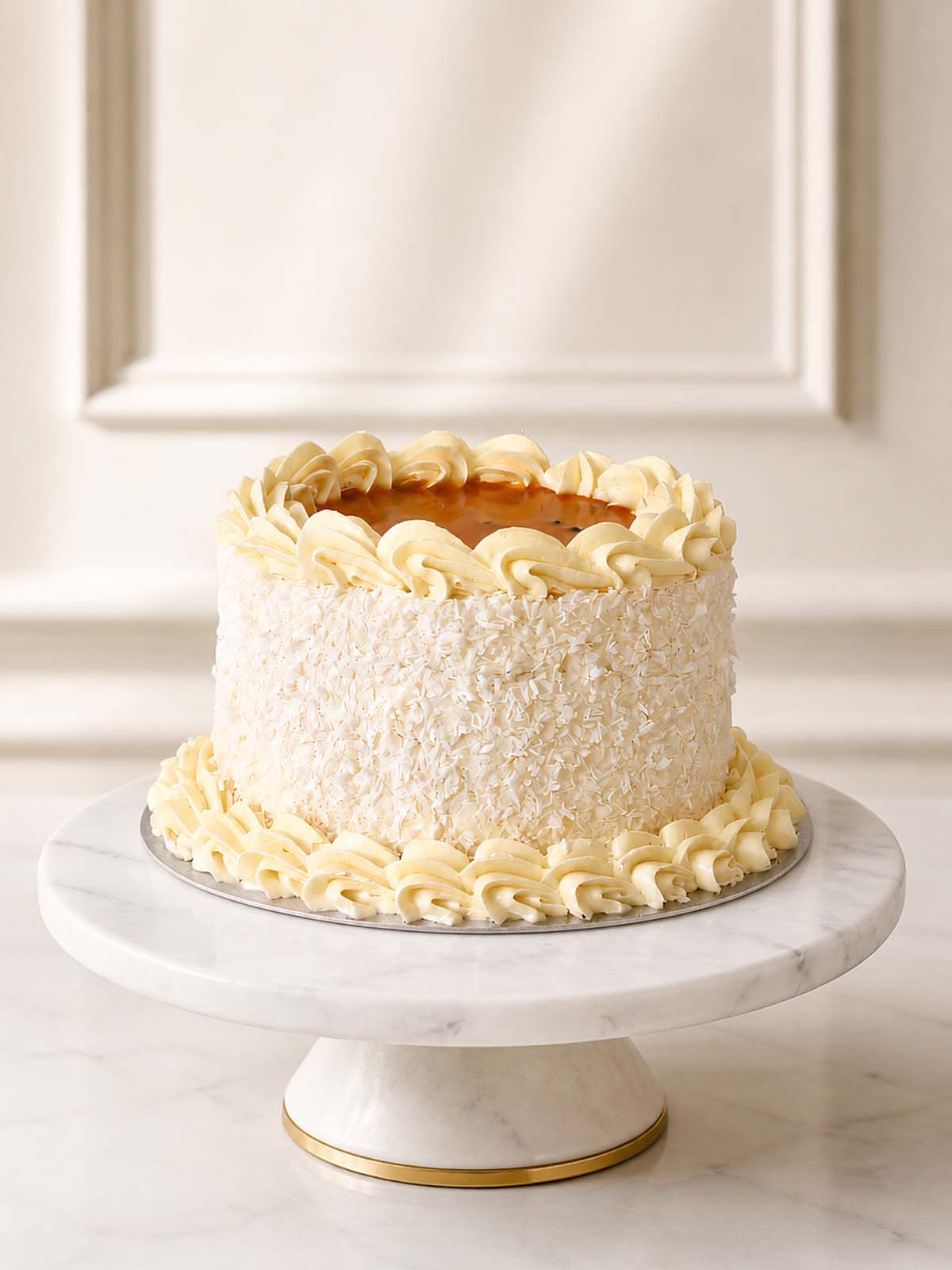 A tropical summer celebration cake featuring two layers of fluffy mango sponge baked with exotic fruit chunks, frosted in vanilla Swiss meringue buttercream, coated in desiccated coconut, and topped with a tangy mango and passion fruit coulis. Delivered in London.