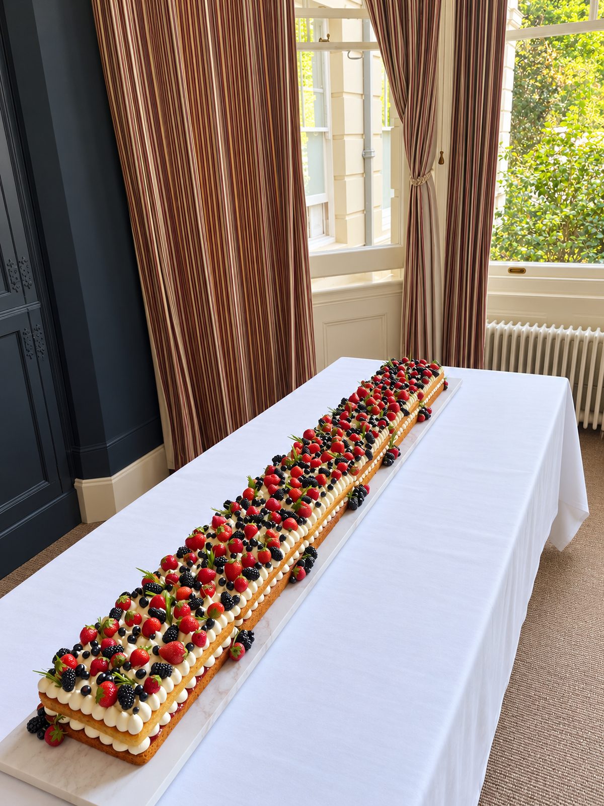Full-length two-metre Victoria Sponge Table Runner Cake arranged along a table