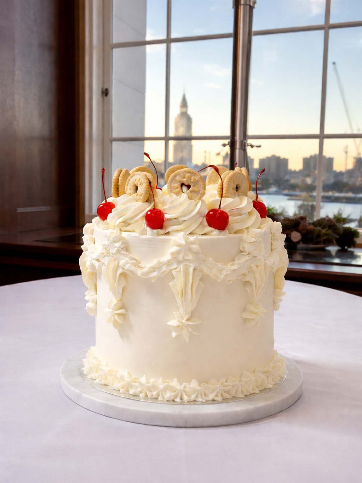 Vintage Victoria sponge birthday cake delivered to County Hall, London with Big Ben in the background.