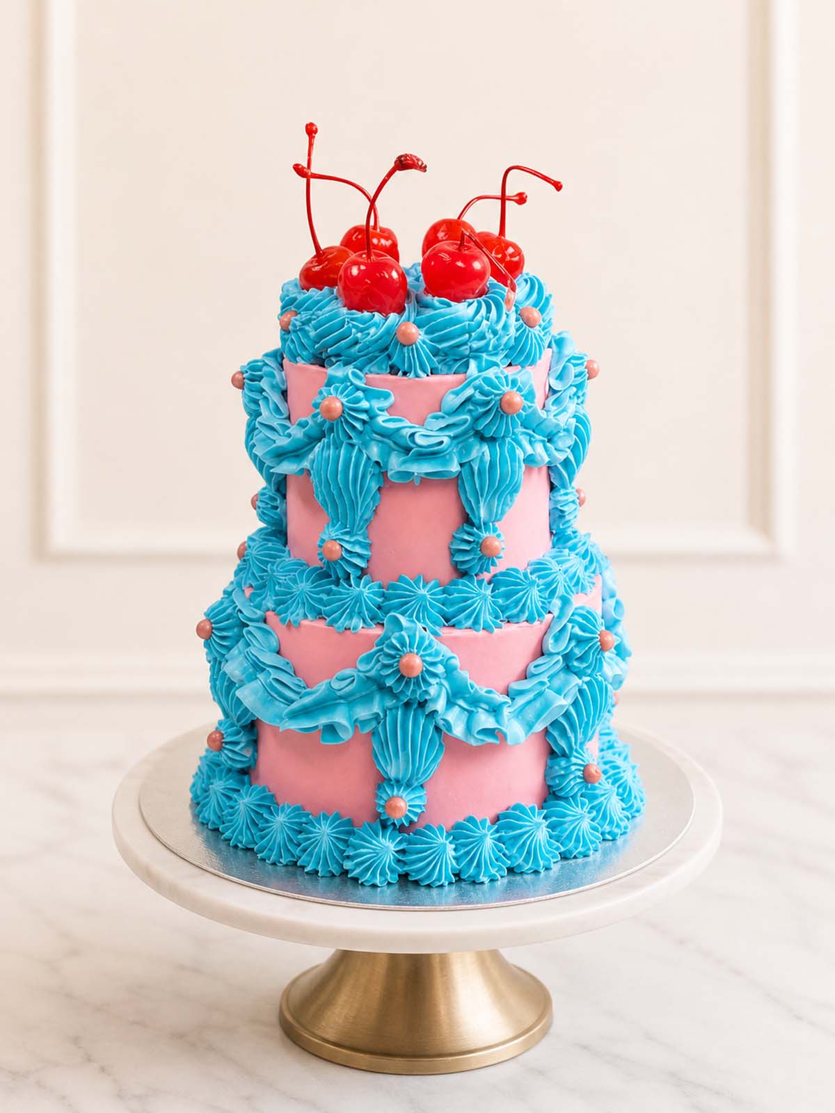 A "Silly Small" two-tiered vanilla sponge cake inspired by Wes Anderson's Mendl’s Bakery aesthetic, featuring pink and blue Swiss meringue buttercream flourishes, glace cherries, and white chocolate crispearls. Perfect for intimate celebrations in London.