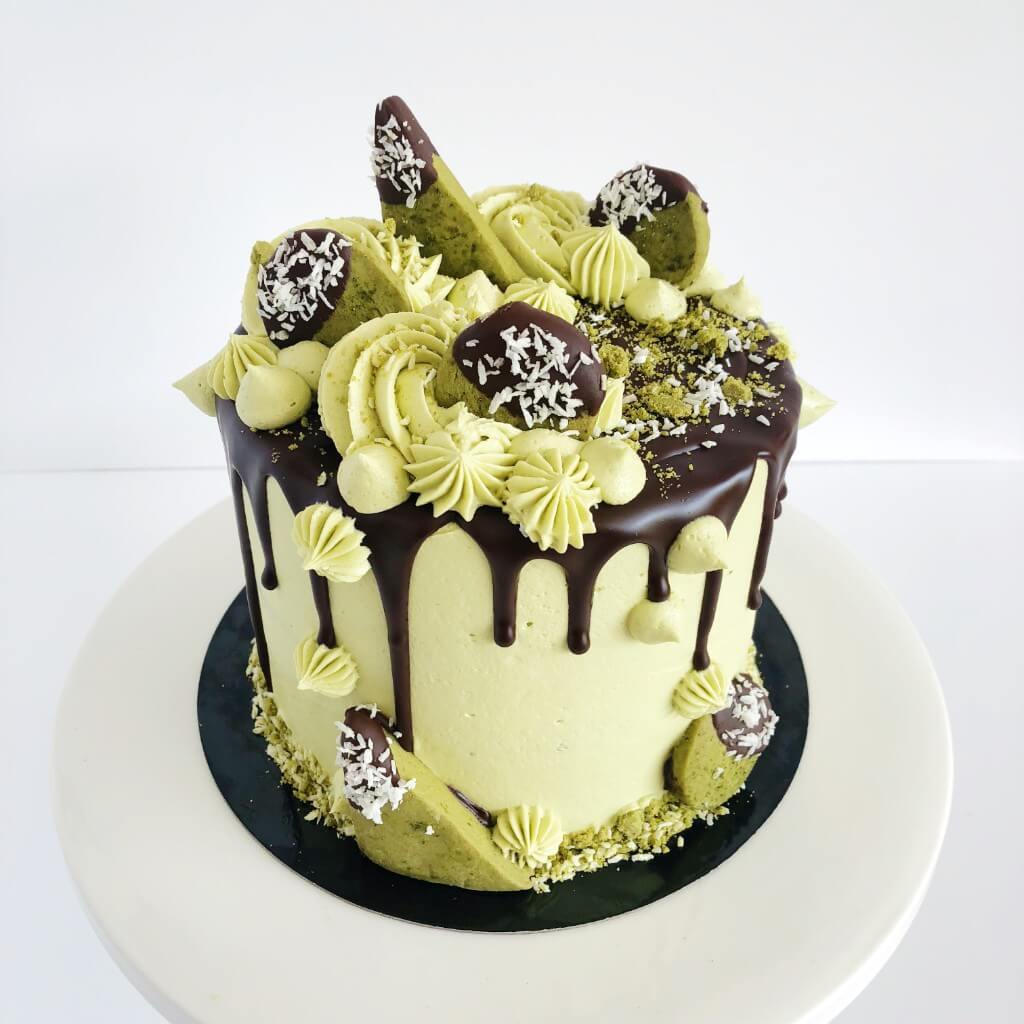 Vegan Matcha Coconut Drip Birthday Cake
